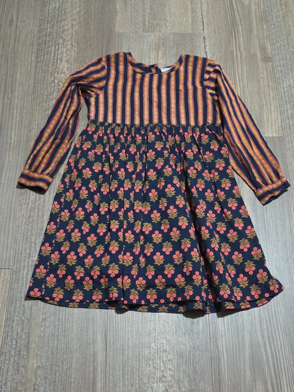 Girls' Yobaby Navy Floral & Stripe Long-Sleeve Dress